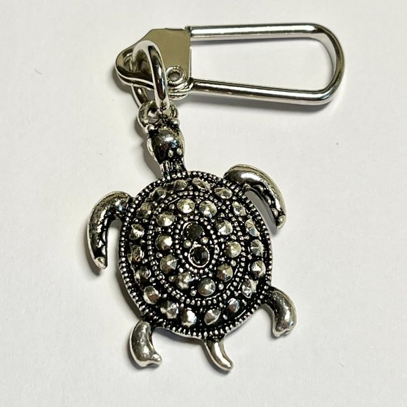 Marcasite Crystal Turtle Keychain Zipper Pull Purse Charm Backpack Silver Plated - Picture 4 of 9
